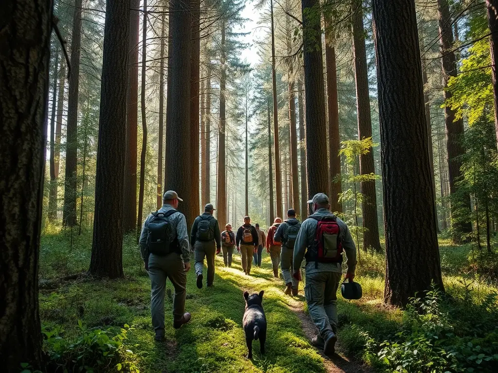A scenic image of hunters in the Ustou forest with guides, showcasing responsible hunting in a natural setting. The hunters are wearing appropriate gear and are accompanied by experienced guides. The background features the lush forest of Ustou.
