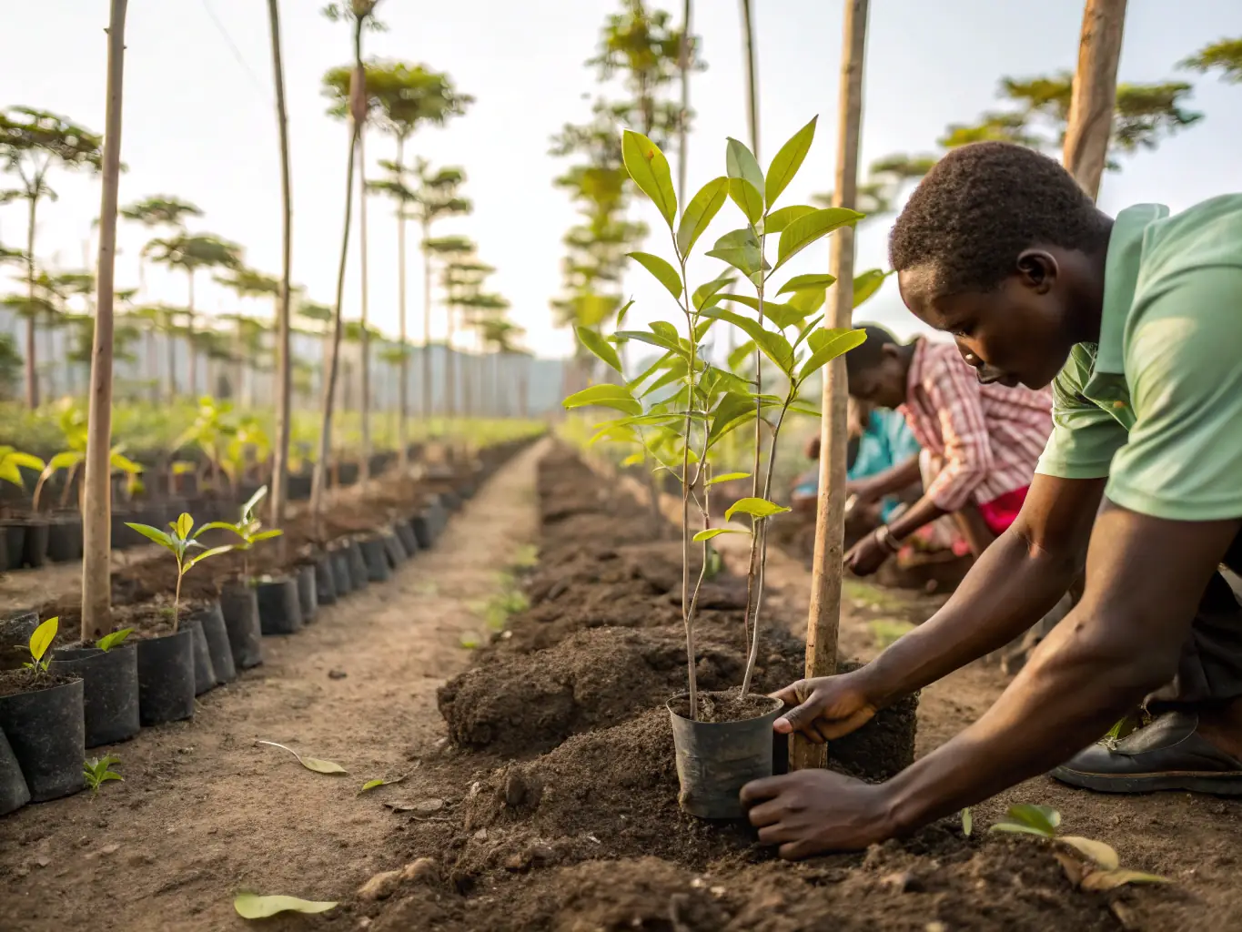 A photo of conservationists planting native trees in a forested area, emphasizing ecological preservation. The conservationists are working together to plant saplings, with a focus on restoring local ecosystems. The background shows a recovering forest area.