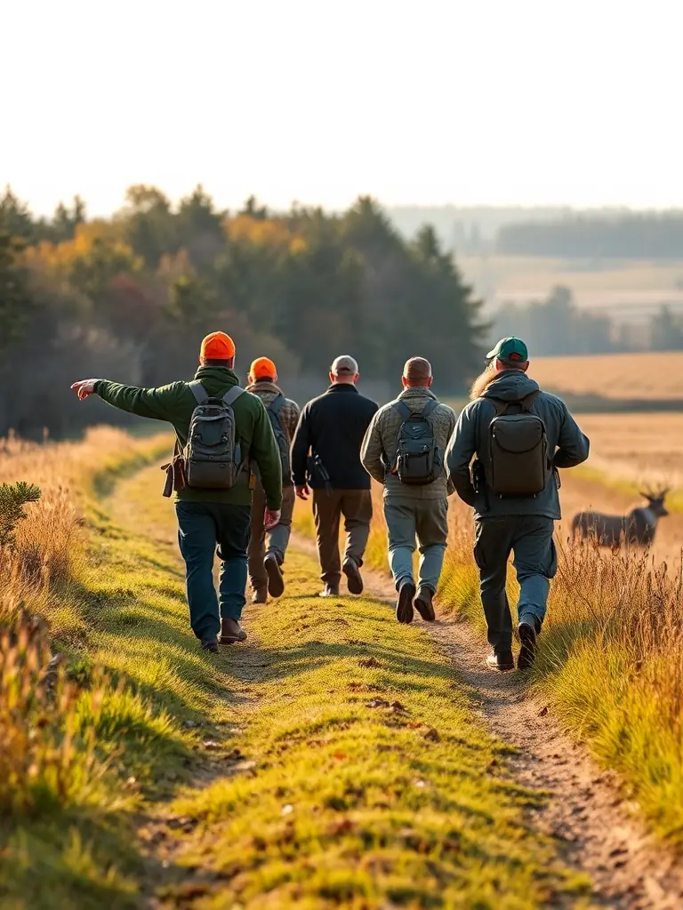 A photograph of hunters in Ustou, France, participating in a guided hunt, showcasing the beautiful Pyrenean landscape in the background.